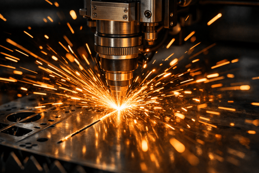 CNC metal cutting machine producing bright orange sparks