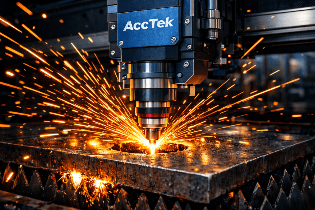 Laser cutting machine engraving a hole in thick metal plate with bright sparks